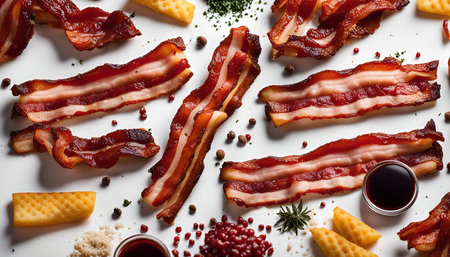 A flat lay image of crispy bacon strips, arranged on a white background with spices and herbs, showing the deliciousness and gourmet quality of this popular dish.の写真素材