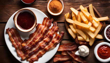 A close-up of crispy bacon and French fries on a wooden table, with various dipping sauces. The image captures a delicious and tempting food spread, perfect for a casual meal or snack.の写真素材