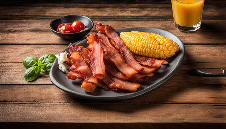 A plate of crispy bacon with corn on the cob, a side of orange juice, ketchup and basil leaves, placed on a rustic wooden table.の写真素材