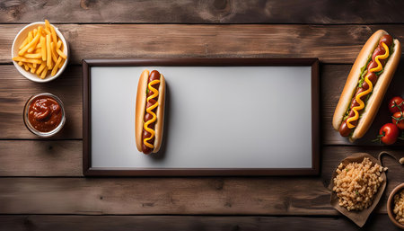 A hot dog with mustard sits on a wooden table, surrounded by fries, ketchup, and tomatoes. A white frame creates a blank space for text or design.の写真素材