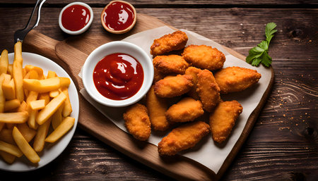 A plate of golden-brown fried chicken wings, served with french fries and ketchup. The food is arranged on a wooden table and looks delicious and appealing.の写真素材