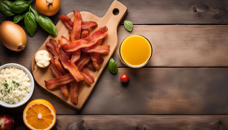 A close-up shot of crispy bacon on a wooden board, surrounded by various breakfast ingredients like orange juice, tomatoes, and onions.の写真素材