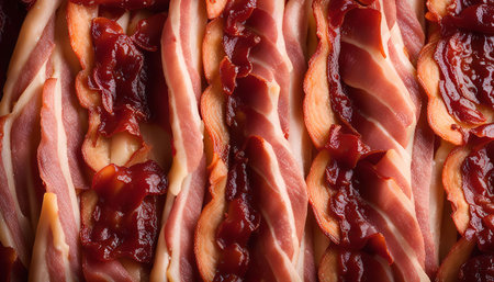A close-up shot of bacon strips that have been cooked to perfection, showing off their rich, red color and crispy texture.の写真素材