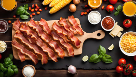 A flat lay image of a cutting board with bacon, surrounded by various ingredients such as corn, cheese, tomatoes, and herbs, ready for a delicious meal.の写真素材