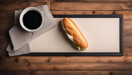 A close-up overhead shot of a sub sandwich and a cup of coffee on a wooden table. The sandwich is fresh and has lettuce, tomato, cheese, and meat. The coffee is in a white cup.の写真素材