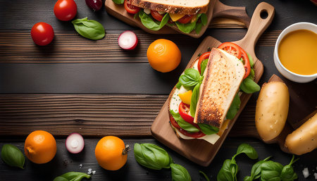 A close-up of a delicious sandwich on a wooden cutting board, surrounded by fresh ingredients.の写真素材