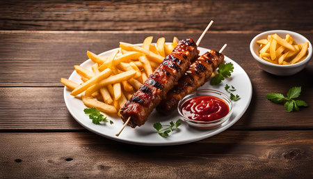 Grilled skewers with french fries and ketchup on wooden background. Delicious food.の写真素材