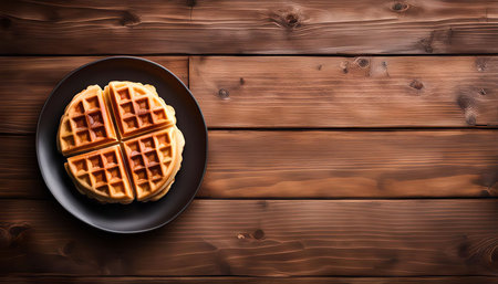 A close-up shot of freshly made waffles arranged on a black plate, set against a warm wooden background. The waffles are golden brown and appear crispy, making them an enticing breakfast or snack option.の写真素材