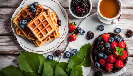 Close up of a delicious breakfast with waffles, fresh berries and coffee.の写真素材