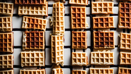 A close-up top view of a grid pattern of square waffles, neatly arranged on a white plate, highlighting the golden brown texture and crispy edges.の写真素材