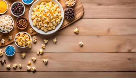 A top-down view of popcorn and various toppings, including chocolate, sprinkles, and other sweet treats, on a wooden table.の写真素材