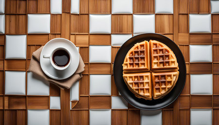Top view of waffles and coffee on a checked background, perfect for a simple breakfast.の写真素材