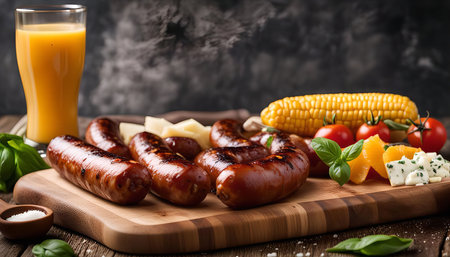 Grilled sausages and corn on the cob on a wooden cutting board with cheese and tomatoes.の写真素材