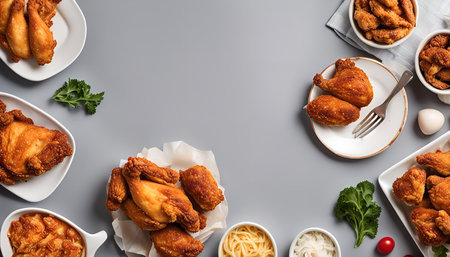 Various fried chicken pieces arranged on plates and bowls, with a fork and sides like noodles and salad. The image is styled with a flat lay composition on a gray background.の写真素材