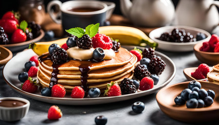 A stack of fluffy pancakes topped with fresh berries, chocolate sauce, and a dollop of whipped cream, making for a delicious and decadent breakfast treat.の写真素材