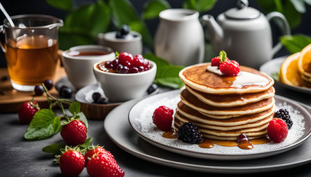 A close-up of a plate of delicious pancakes with berries, whipped cream, and syrup. This breakfast classic is perfect for a sweet and satisfying meal.の写真素材