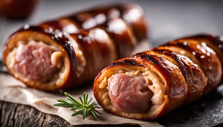 Close up of grilled sausage rolls on a wooden table. The rolls are crispy and golden brown, with a savory and delicious filling.の写真素材