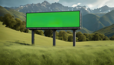 A green billboard stands in a field, with mountains in the background, perfect for advertising purposes.の写真素材
