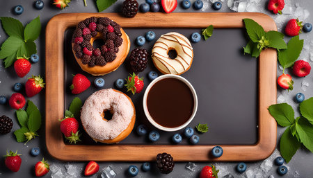 A close-up shot of a tray filled with three donuts, a cup of coffee, and various berries like strawberries, blueberries, and blackberries. The donuts are decorated with chocolate, white glaze, and sprinkles.の写真素材