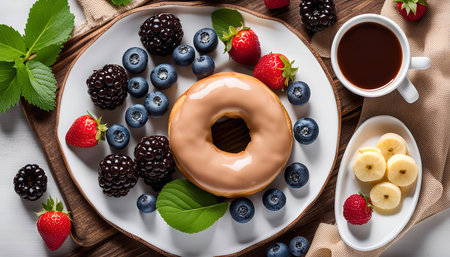 Close up shot of a glazed donut with blueberries, strawberries, and blackberries on a white plate, along with a cup of coffee and a small plate with banana slices.の写真素材