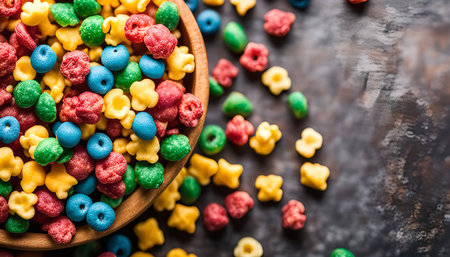 A close-up shot of a bowl filled with colorful cereal with blue, red, yellow, and green cereal pieces.の写真素材