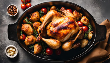 A perfectly roasted whole chicken with vegetables in a black baking dish. The chicken is golden brown and crispy, with visible rosemary sprigs and cherry tomatoes.の写真素材