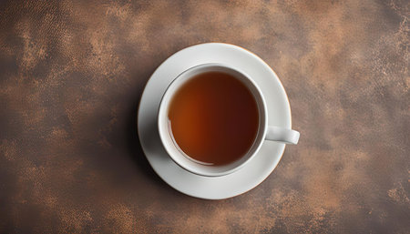 A close-up shot of a cup of tea on a rustic table, perfect for a cozy moment of relaxation and enjoyment.の写真素材