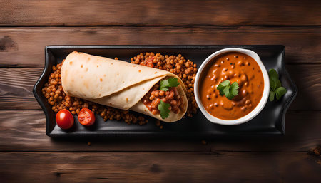 A close-up shot of a Middle Eastern inspired burrito filled with flavorful ingredients and served with a spiced sauce. The burrito is wrapped in a soft tortilla and resting on a bed of couscous.の写真素材
