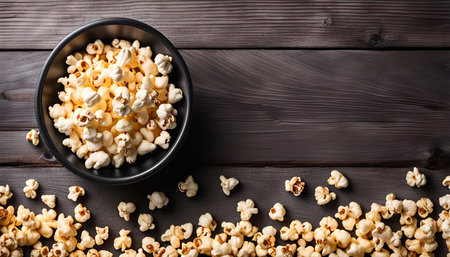 A bowl of popcorn on a wooden table with some popcorn scattered around the bowl.の写真素材