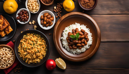 A close-up overhead shot of a Brazilian Feijoada with rice, beans, and other ingredients. The dish is arranged on a wooden table with a red napkin, showing the vibrant colors and textures of the meal.の写真素材