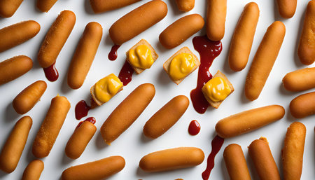 A close up of several mini corn dogs with a delicious spread of mustard and ketchup.の写真素材