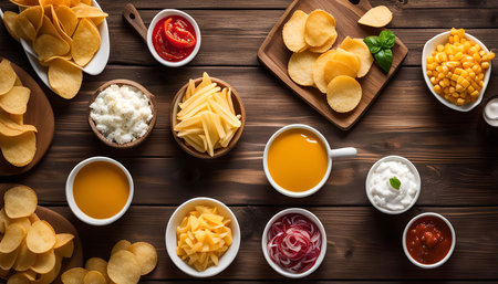 An overhead view of an assortment of snacks and dips arranged on a wooden table. The snacks include chips, corn kernels, and cheese, while the dips consist of tomato sauce, sour cream, and onions.の写真素材