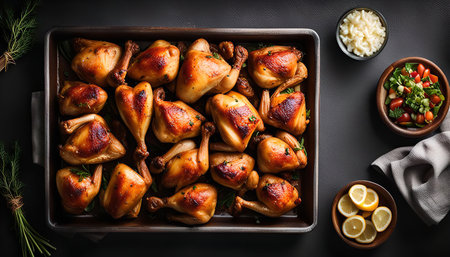 A tray of roasted chicken legs with side dishes of salad and lemon wedges, shot from an overhead angle.の写真素材