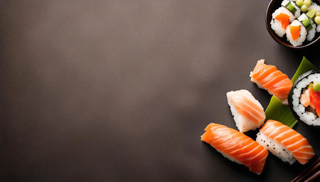 A close-up image of a variety of sushi, including nigiri and maki, arranged on a plate. The sushi is garnished with avocado, wasabi, and ginger, and served with soy sauce.の写真素材