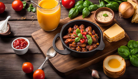 A close-up shot of a meal featuring a variety of savory dishes and fresh ingredients, including tomatoes, onions, garlic, basil, cheese, and various sauces, arranged on a wooden table. The meal is visually appealing and tempting, highlighting the deliciousness of the dishes and the freshness of the ingredients.の写真素材