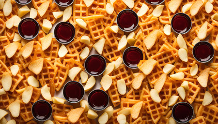 A visually appealing arrangement of waffles, pear slices, and red sauce, perfect for a sweet and satisfying dessert.の写真素材