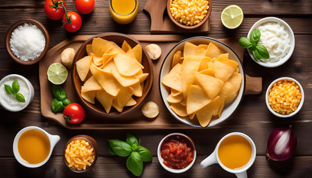 A close-up shot of a plate of nachos with various toppings and ingredients such as salsa, cheese, sour cream, tomatoes, and onions. The plate is on a wooden table, ready for a delicious Mexican food experience.の写真素材