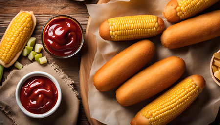 A delicious meal of corn dogs, ketchup and corn on the cob. The meal is served on a wooden table and looks very appetizing.の写真素材