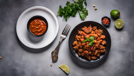 A plate of spicy tofu with red sauce and lime garnish. The tofu is served on a black plate with a fork on the side. There are also a bowl of red sauce and lime wedges on the table.の写真素材