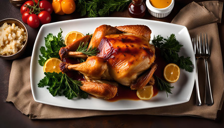 A roasted chicken, glistening with juices and perfectly browned, rests on a white platter adorned with fresh lemon slices and parsley sprigs.の写真素材