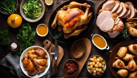 A beautifully arranged table setting featuring roasted chicken, turkey, ham, potatoes, and vegetables. Perfect for a special occasion dinner.の写真素材