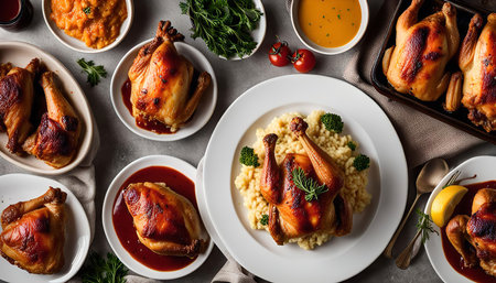 A delicious roast chicken dinner, featuring roasted chicken, mashed potatoes, and gravy.の写真素材