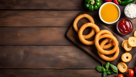 A close-up shot of crispy onion rings on a wooden table with dipping sauces, including ketchup, mustard, and a white creamy dip. There are also some tomatoes, green peppers, and basil leaves.の写真素材
