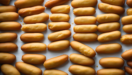 A close up overhead shot of a tray filled with small, golden brown breadsticks. The breadsticks are arranged in rows and are illuminated from above, highlighting their crisp texture and delicious appearance.の写真素材