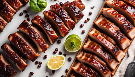 A close-up of a plate of delicious glazed pork ribs, garnished with lime wedges and basil. The ribs are tender, juicy, and flavorful, with a sweet and savory glaze. This is a perfect dish for a summer barbecue or a casual dinner.の写真素材