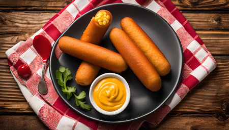 A close-up shot of delicious corn dogs served with mustard on a black plate, and a red checkered napkin.の写真素材