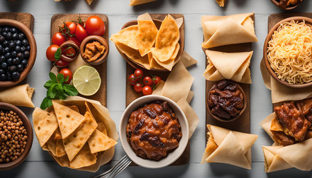 A close up shot of a variety of dishes prepared for a meal. The dishes include bowls of salsa, beans, noodles, chips, and tortillas. This is a delicious spread of food, sure to satisfy any craving.の写真素材