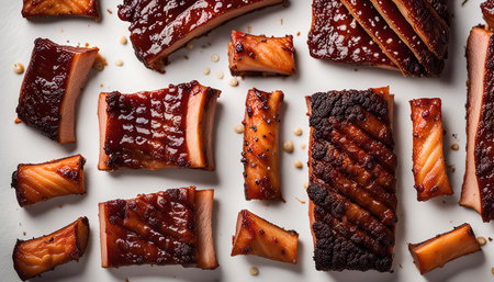 Close up view of a plate with grilled salmon, glazed with sauce. The salmon is sliced and arranged in different sizes and shapes on a white plate.の写真素材