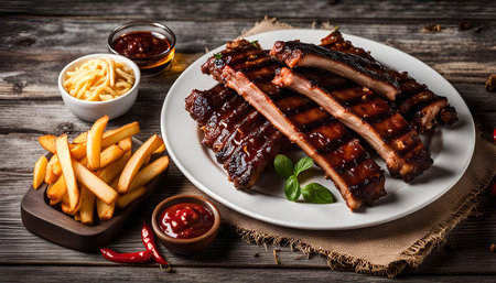 Close up view of delicious BBQ ribs with side dishes on a wooden table.の写真素材