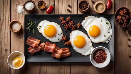 A plate of fried eggs and bacon with spices on a wooden table. The eggs are fried sunny side up and the bacon is crispy. The spices are star anise, red pepper flakes, and salt. The image is a close up and taken from above.の写真素材